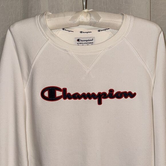 Champion M White Crewneck French Terry Cloth Inner Pullover Crop Sweatshirt - Picture 3 of 11
